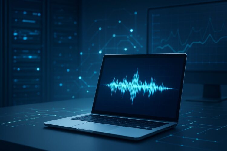 A laptop displaying a waveform visualization on its screen, with a background of server racks and digital patterns, symb