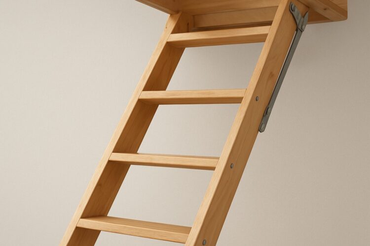 Close-up of a wooden loft ladder showing steps and mounting hardware